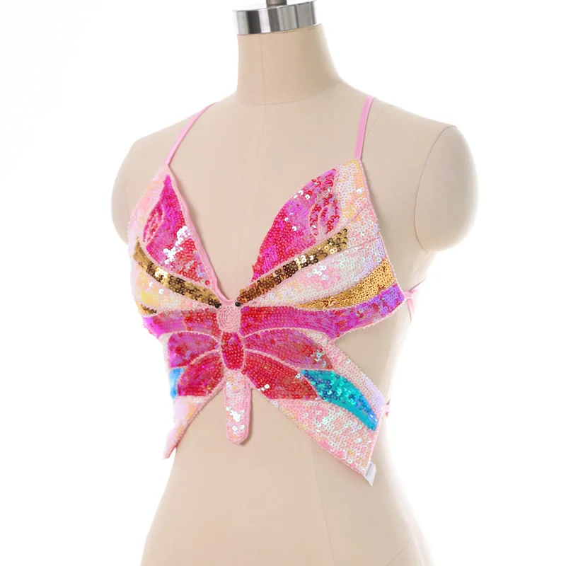 Wholesale Cheap Hight Quality Women Girls Practice Costume Sequin Butterfly  Backless Stage Bar Belly Dance Top