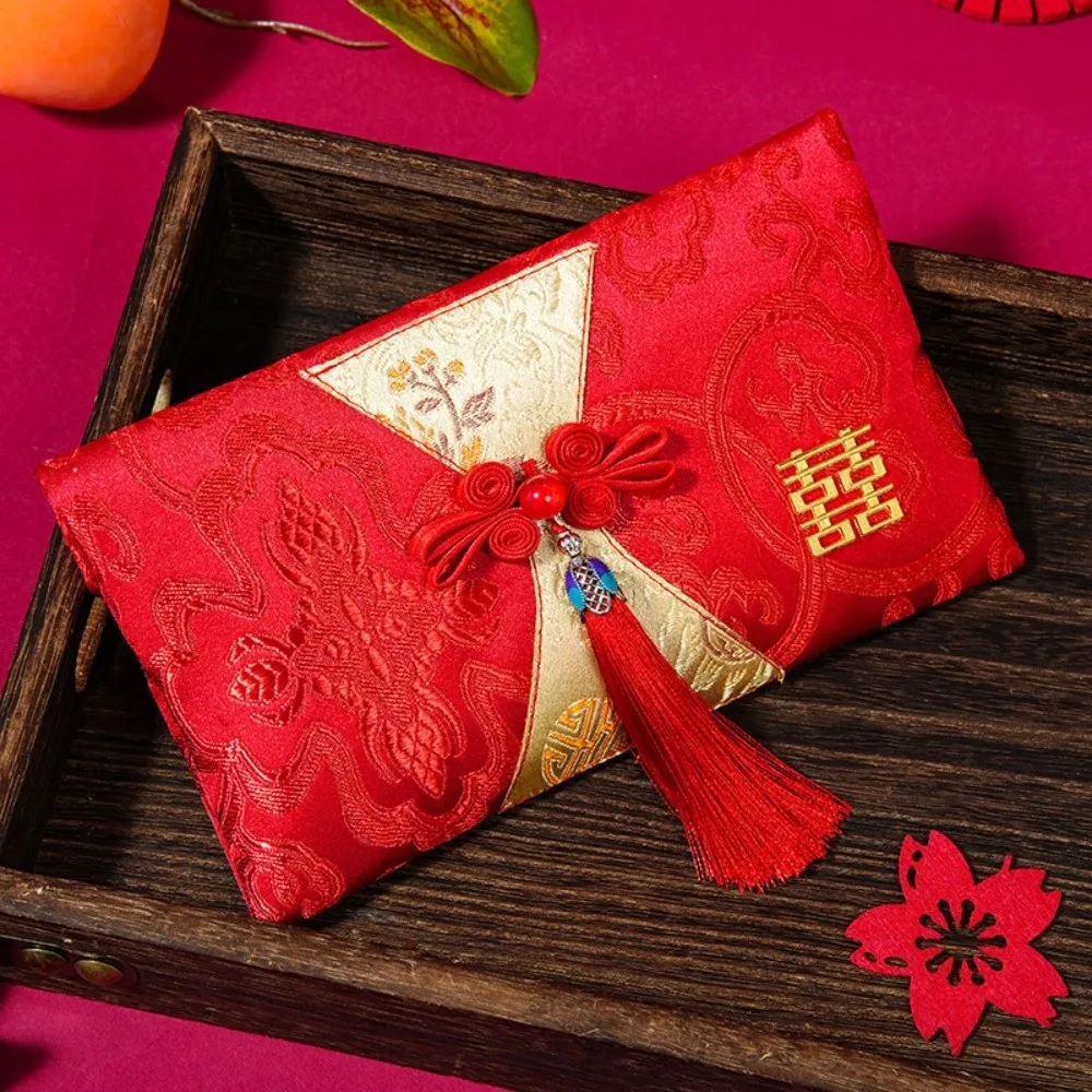 

Blessing Words Brocade Red Envelop Embroidery Best Wishes Wedding Hongbao Button Tassel Red Pockets Birthday Party