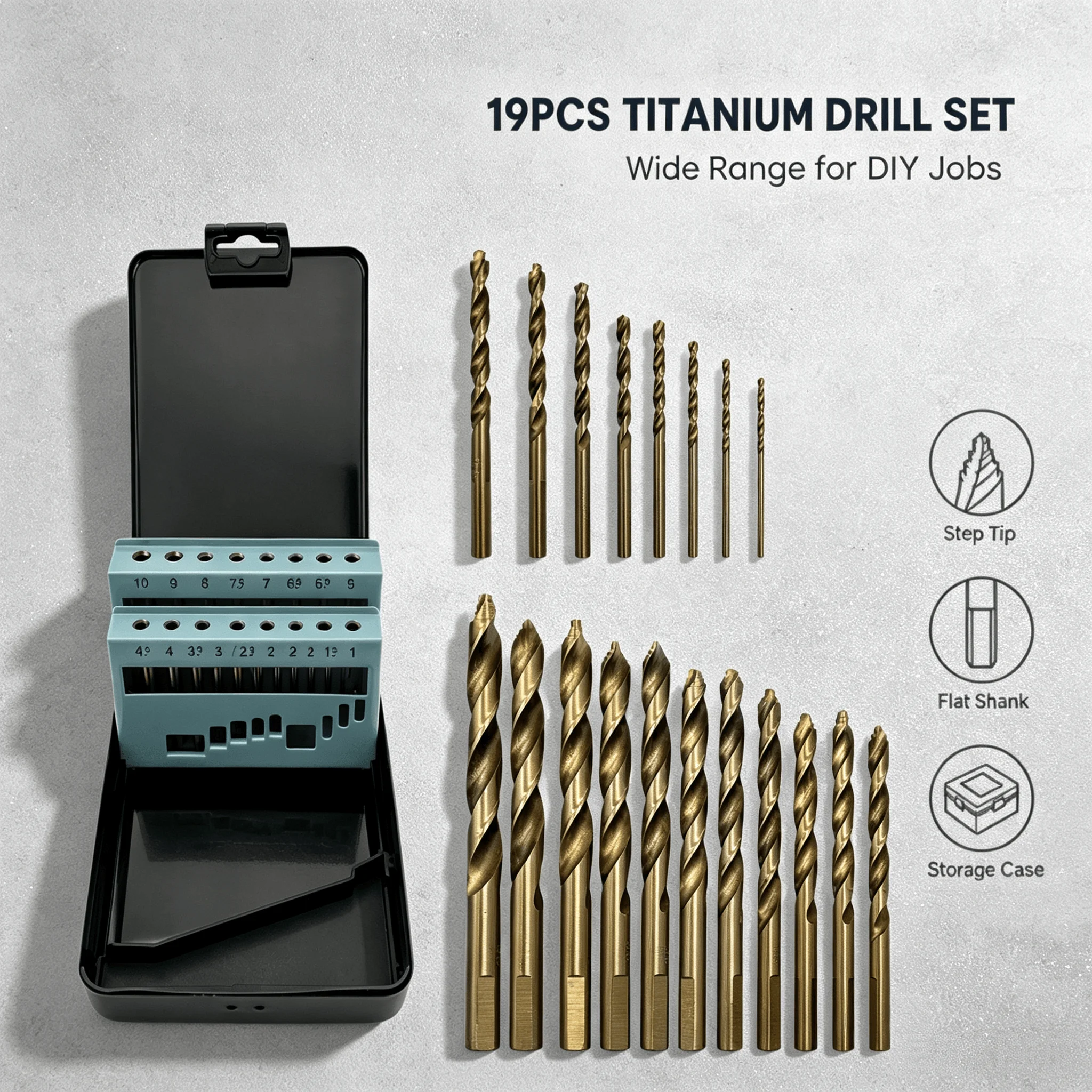 19Pcs 1-10mm Twist Drill Bits Titanium Plated Step Tip Flat Shank Drill Set For DIY Wood Plastic Acrylic Drilling With Box