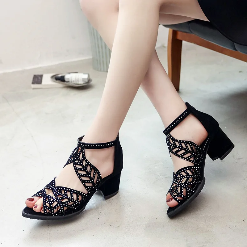 

New Style Black Women Summer Hollow Out Faux Leather Rhinestones Thick Heel Zipper Sandals Shoes Plus Size 43