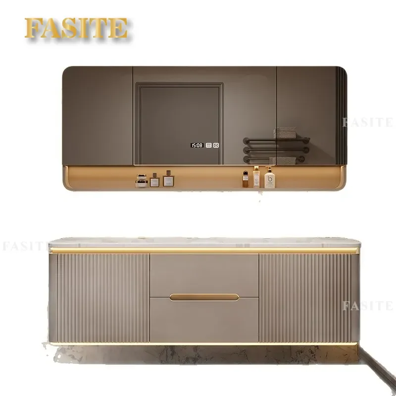 For Rock Slab Hot Bending Integrated Double Basin Bathroom Cabinet Oak Hand Washing Washbasin Combined Cream Style Modern