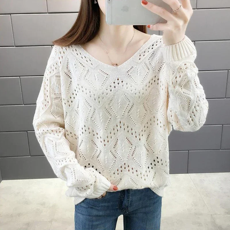 Spring Autumn Korean Style Sweet Solid V-neck Hollow Out Jumper Women Elegant Fashion All-match Pullover Sweater Female Clothes