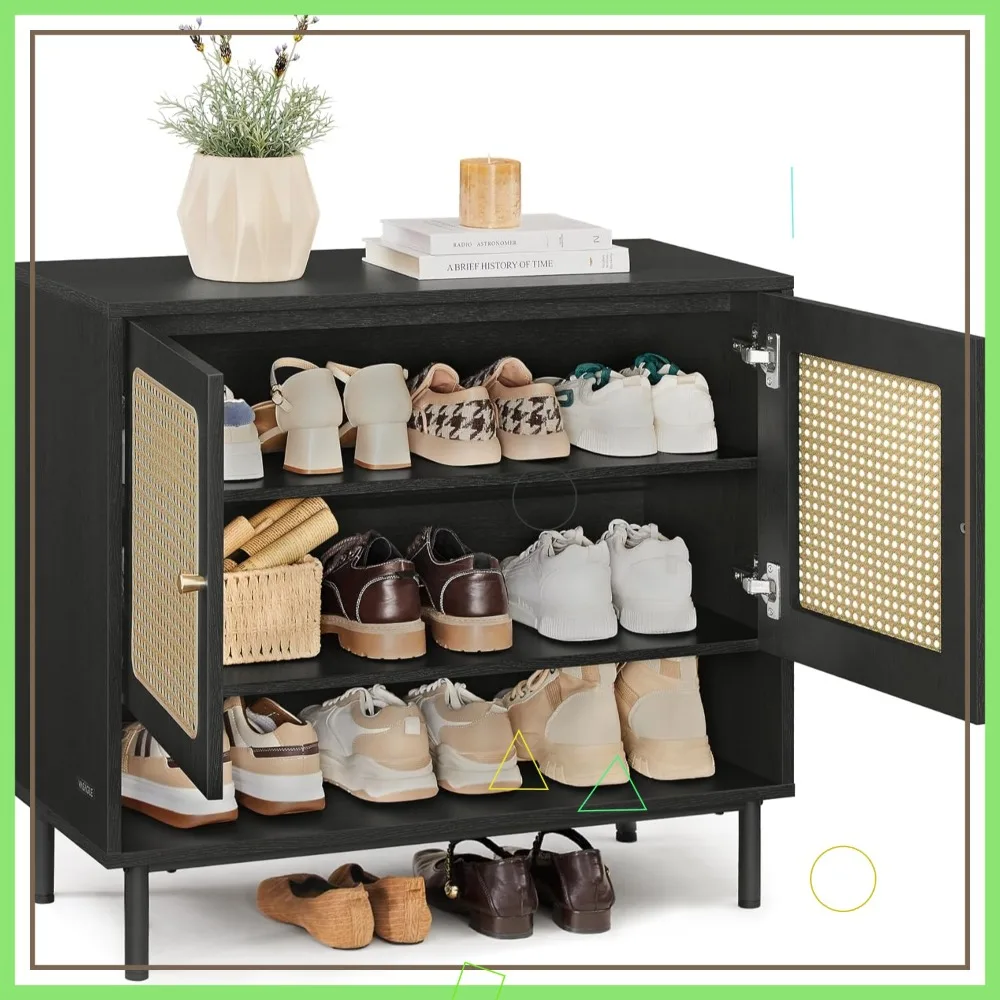 

Boho Rattan 3-Tier Shoe Cabinet, 16 Pair Storage Organizer with Adjustable Shelves for Entryway