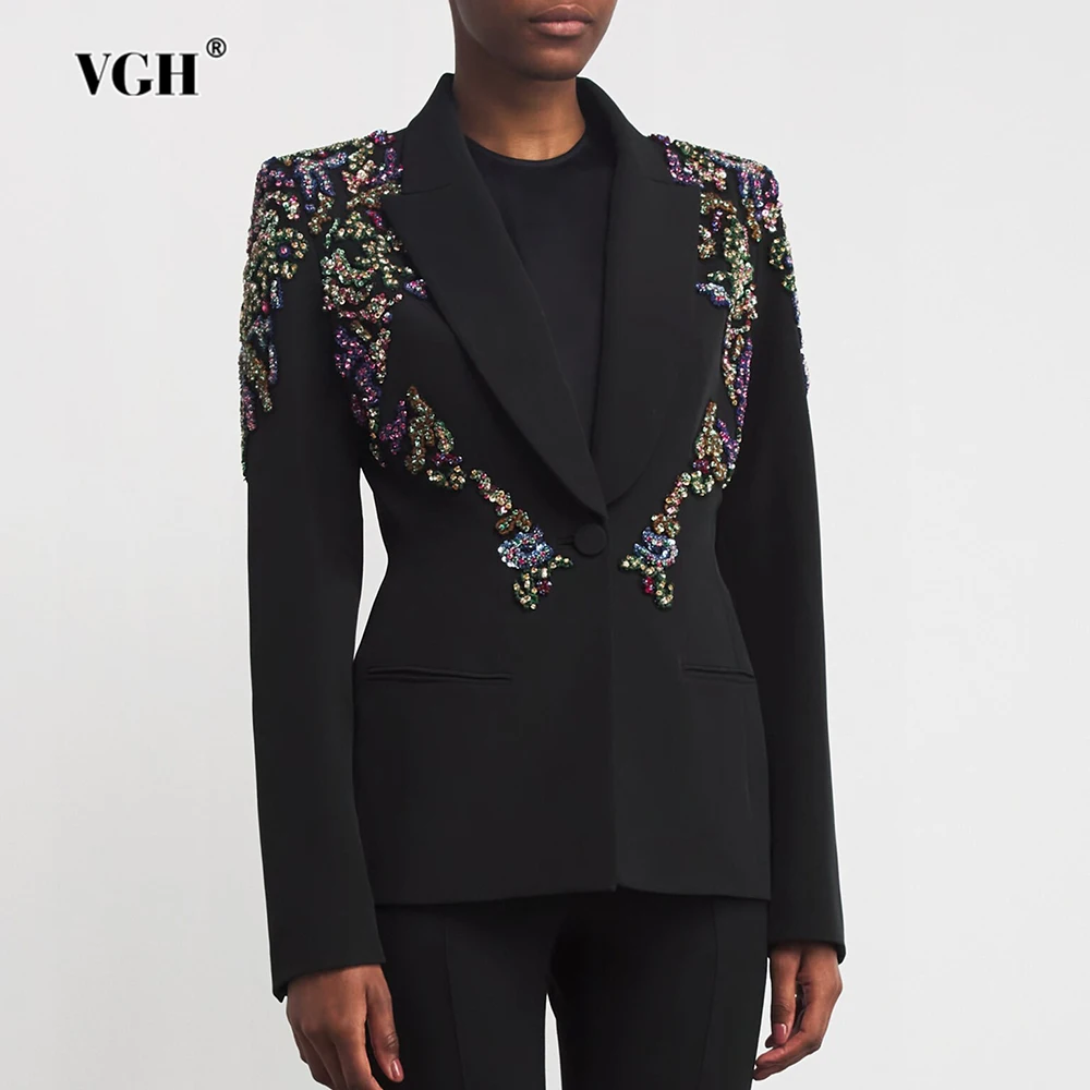 

VGH Wedding Guest Embroidery Diamonds Jacket for Women Shawl Collar Long Sleeve Slimming Formal Temperament Cocktail Coat Female