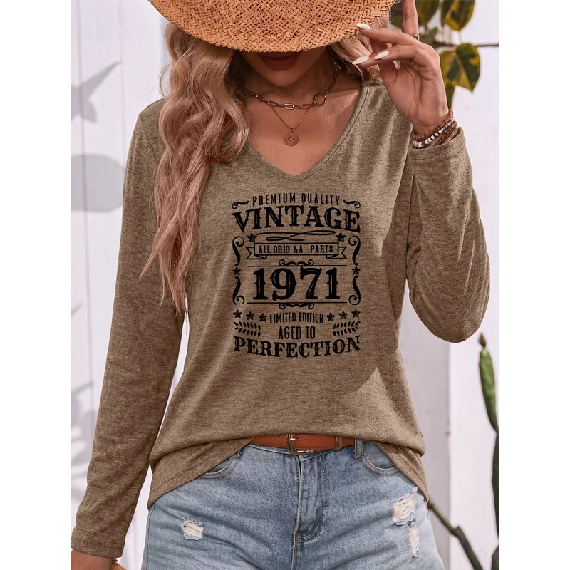 Vintage Font Slogan 1971 Limited Edition Printed V Neck Long Sleeve T Shirt Comfortable Soft Breathable Classic Vintage Casual A