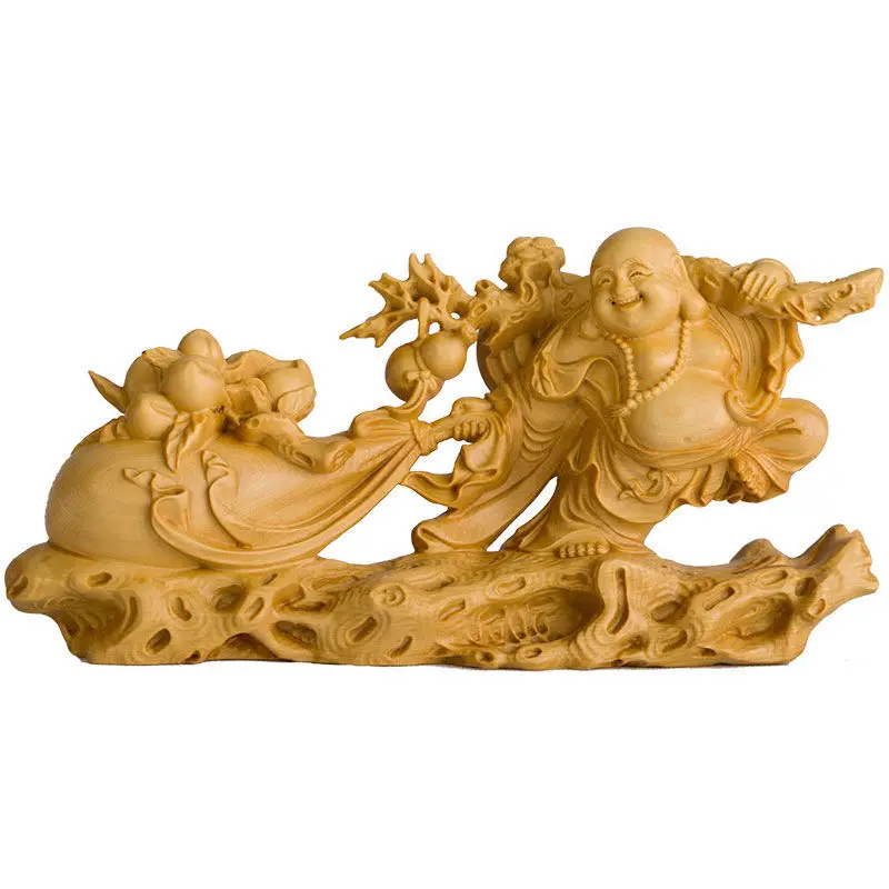 lobular boxwood carving Chinese home decoration Maitreya Buddha root carving handicraft ornament solid wood cultural play handle