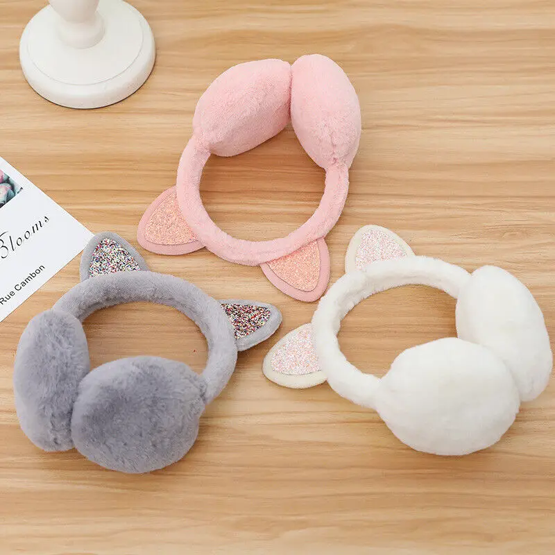 Soft Plush Cat Ear Earmuffs para mulheres e crianças, tampa de orelha dobrável, protetor de orelha grossa, proteção fria, quente, ao ar livre, inverno