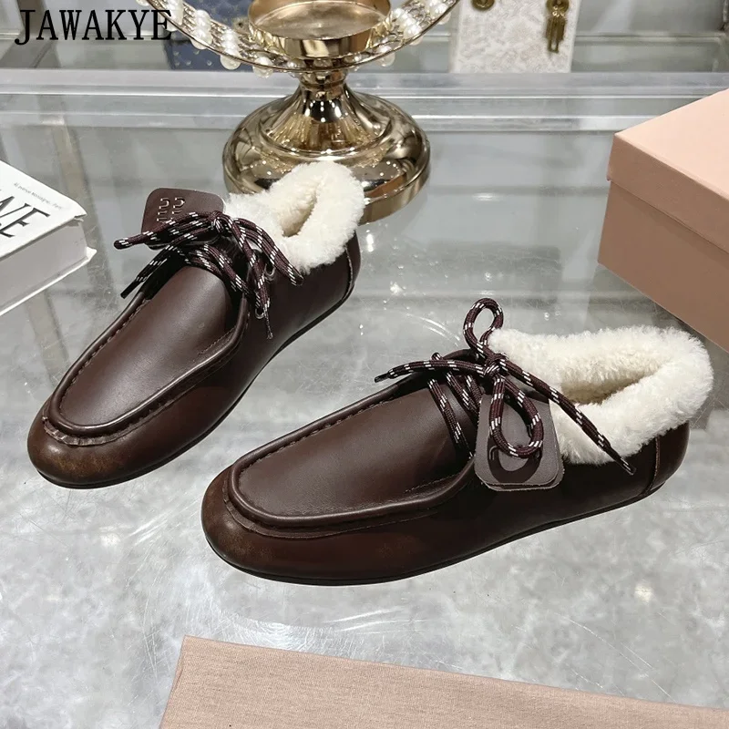 2025 Winter Ladies Fur Loafers Women Round Toe Lace Up Wool Shoes Causal Comfort Driving Shoes Female Oxfords Flat Casual Shoes