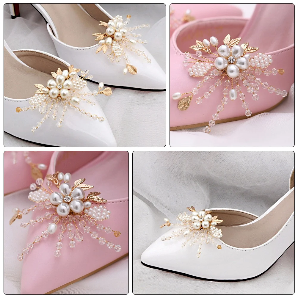 

1Pair Metal Shoe Buckles Imitation Pearl Bride Wedding Shoe Decoration Accessories for Party Performance Street Photos