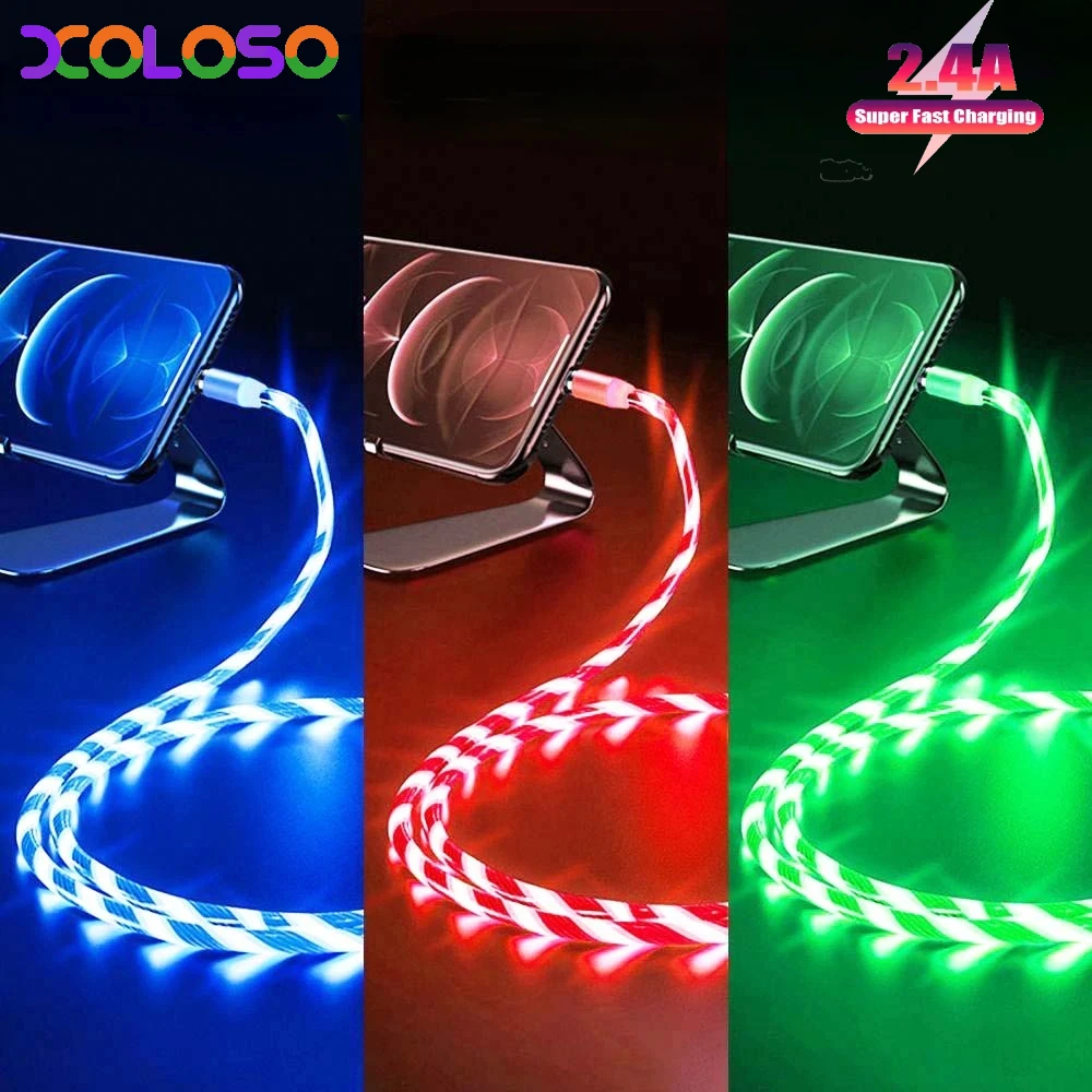 1m 2m Glowing LED Light Charger Data Cable Phone 2.4A USB Charging Cable For iPhone 14 13 12 11 Pro Max XS XR Charge Wire Cord