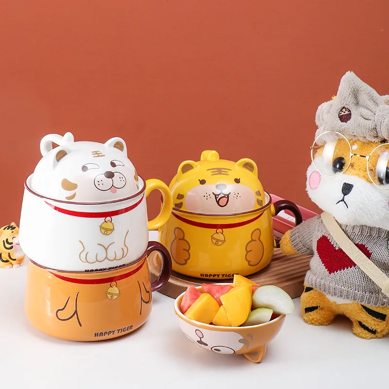 1000ml Ceramic Instant Noodle Bowl With Lid With Cutlery Large Capacity Cute Tiger Bowl Mug Suitable For Students