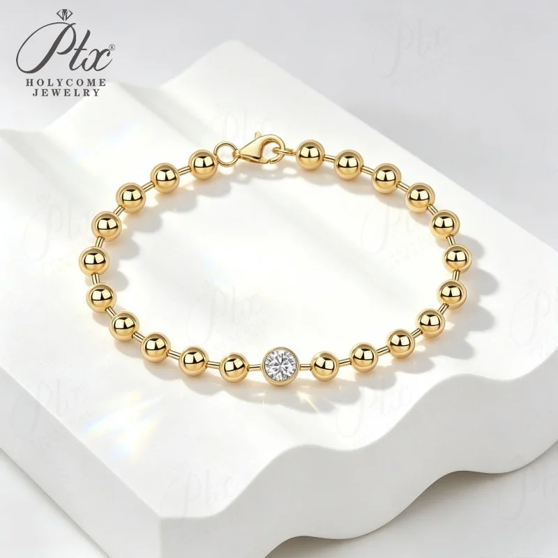 Moissanit-Armband, 925er Sterlingsilber, goldfarbene Perlenkette, 21 cm, elegantes Geschenk zum Geburtstag oder zum Jahrestag, feiner Schmuck von Holycome. – Detail 4