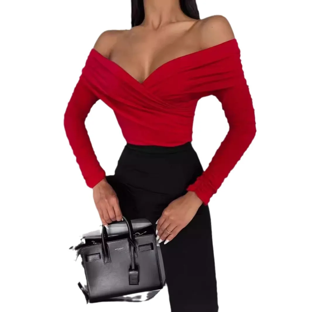 2025 Primavera e autunno Nuova tutina versatile aderente a maniche lunghe con scollo a V e spalle scoperte alla moda e sexy