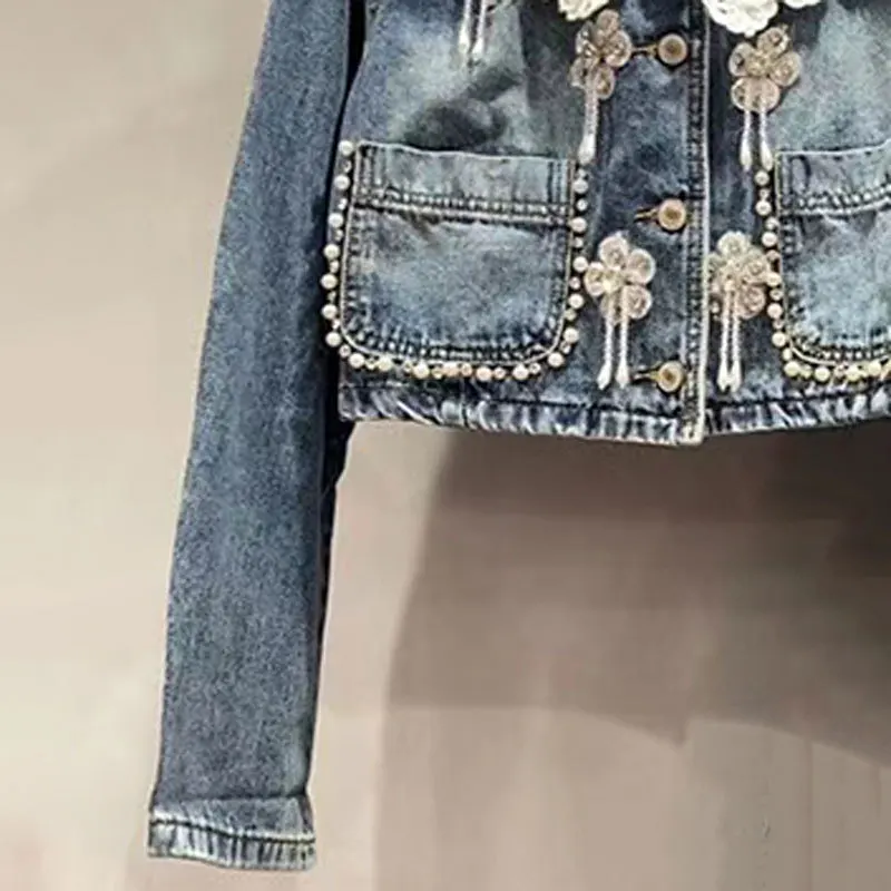 Fashion Trend Heavy Industry Beaded Jacket Skirt Jeans Sets Loose Versatile Casual Single-Breasted Short Jacket Women Outerwear