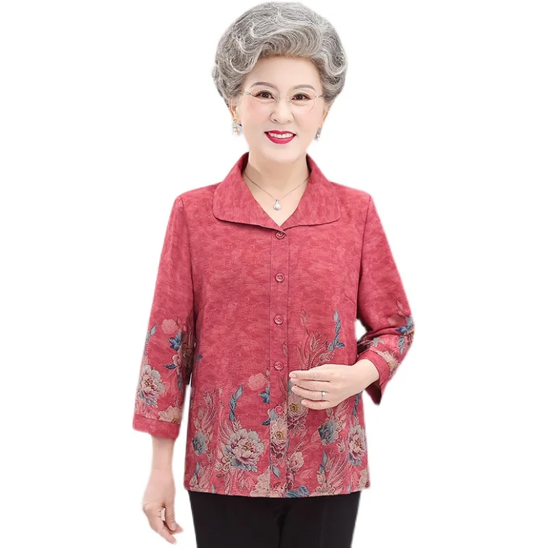 

Summer Faion irt for Middle-Aged And ly Women Large Size Collar Single-Breasted Thin Polyester Fiber Top
