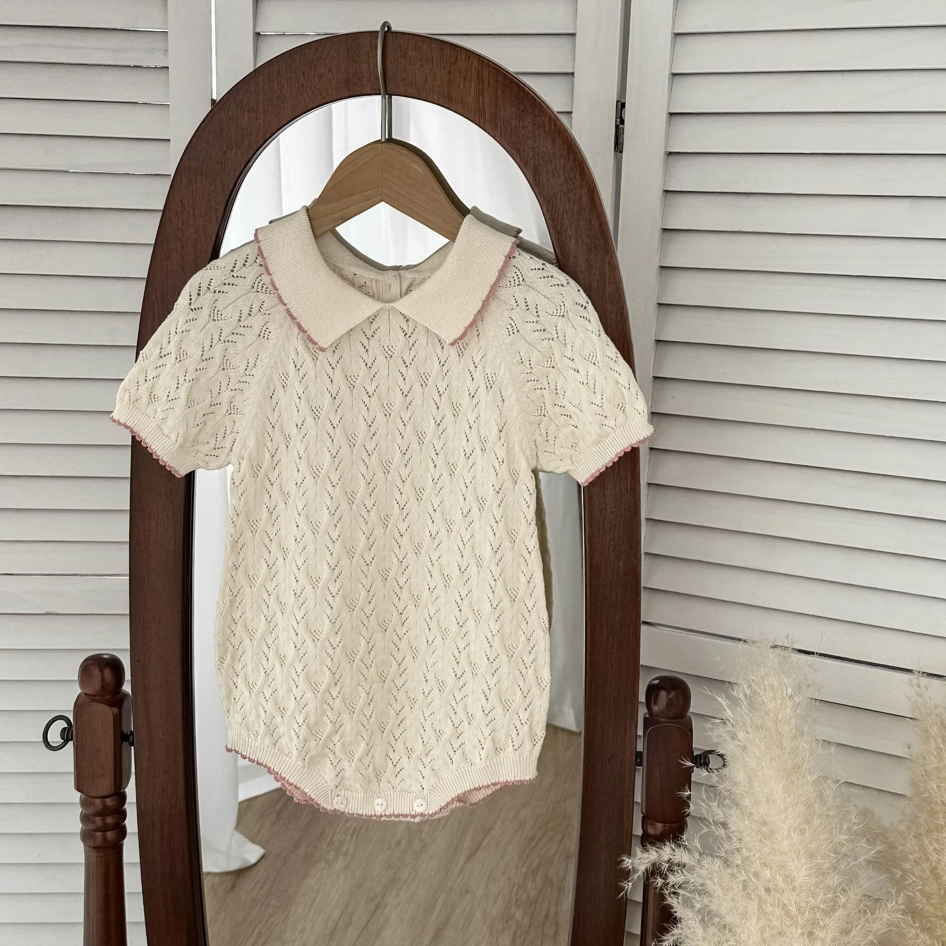 طفل محبوك رومبير 2025 الصيف الكورية طفلة بذلة محبوك الجاكار قصيرة الأكمام تسلق الملابس