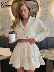 Oymimi Elegant Brown Cotton Womens 2 Piece Outfit Set Fashion Lapel Long Sleeve Button Crop Shirts And Pleated Mini Skirts Sets