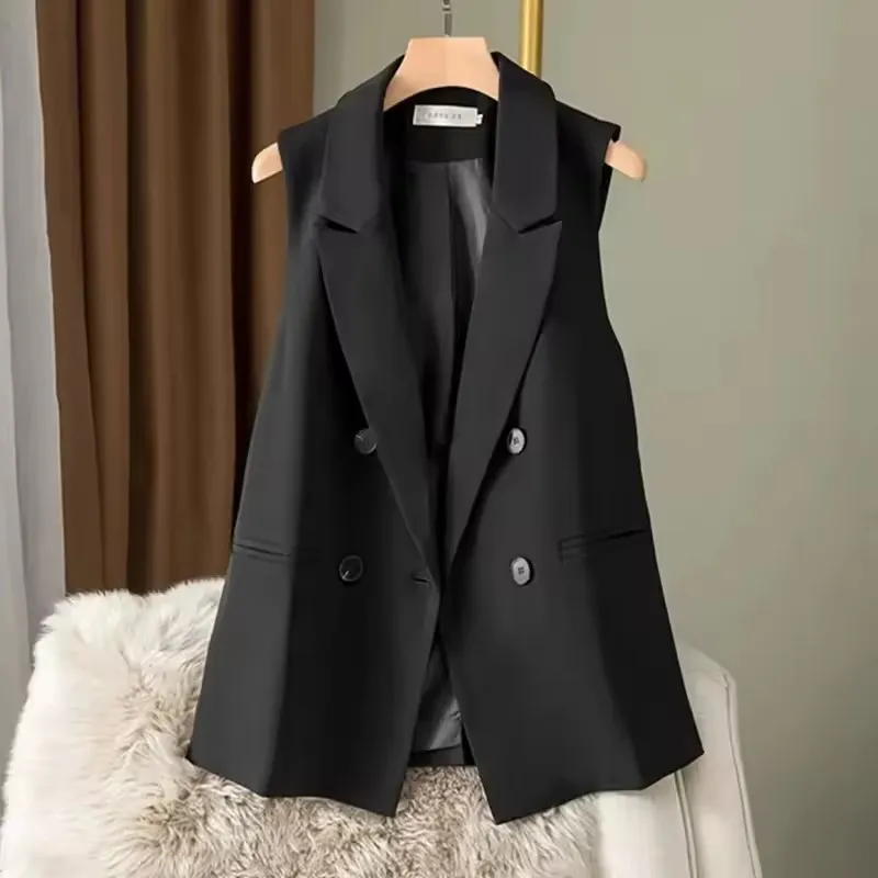 

Модный костюм, жилеты, женская простая двубортная куртка без рукавов с v-образным вырезом, новинка 2025 года, корейский тонкий универсальный жилет, повседневная верхняя одежда