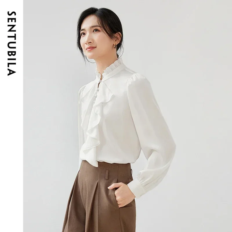 SENTUBILA White Chiffon Shirts For Women 2025 Spring Autumn Casual Commute Stand Collar Ruffles Long Sleeve Blouses 143V56667