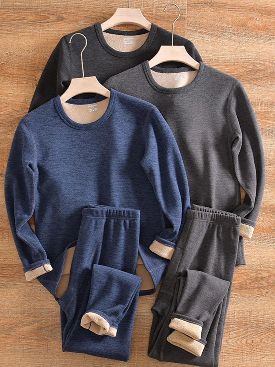 

Thickened! Inner Fleece! Out-of-stock! Autumn Winter Unisex Color round Neck Underwear Warmth Set Long Sleeve Long Pants