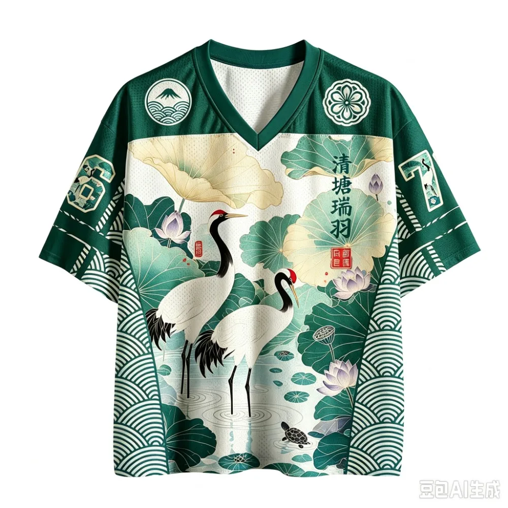 Harajuku Swan and Lotus Pond Pattern 3D Print Sport Quick-dry Breath Men V-neck T-Shirt Outdoor Street Casual Parent-Child Cloth