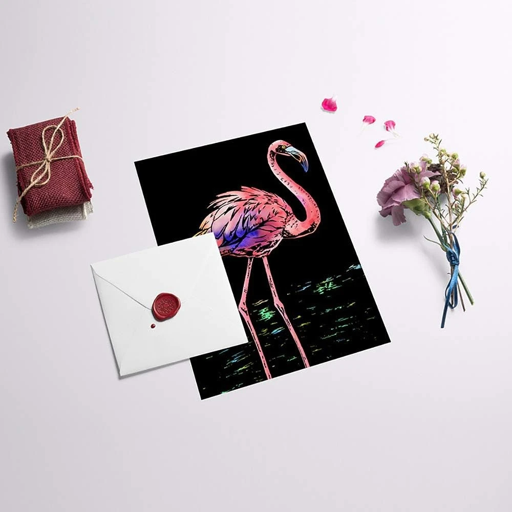 الفنون والحرف اليدوية للمشهد الليلي المطلي، مجموعة الحرف اليدوية: 8 قطع من ورق الخدش - يونيكورن/فلامنغو/القطة/الغزلان/النمر