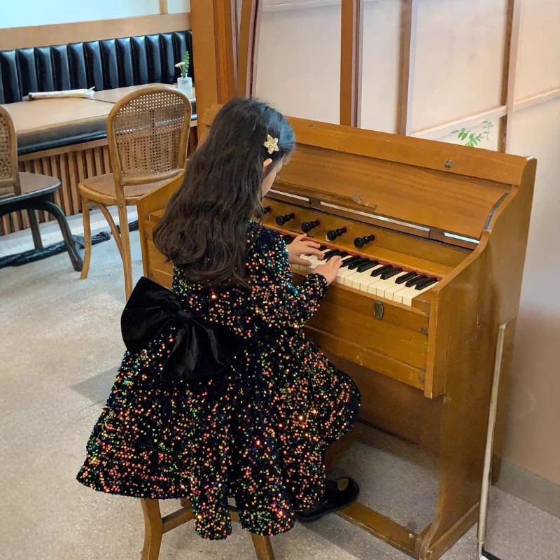 

2025 Winter New Hot Selling Colorful Velvet Sparkle Warm Thick Waist Bow Dress