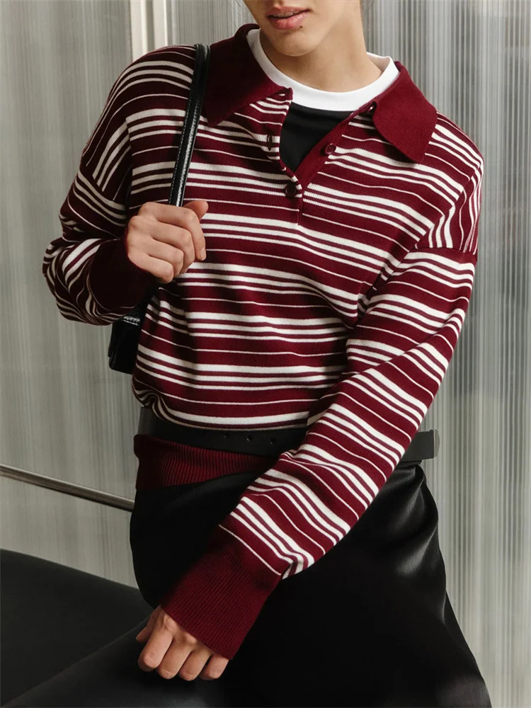 

Tossy Striped Knit Sweater Pullover Female Lapel Contrast Vintage Slim Commute Matching Patchwork Camisola Women's Knitwear Top