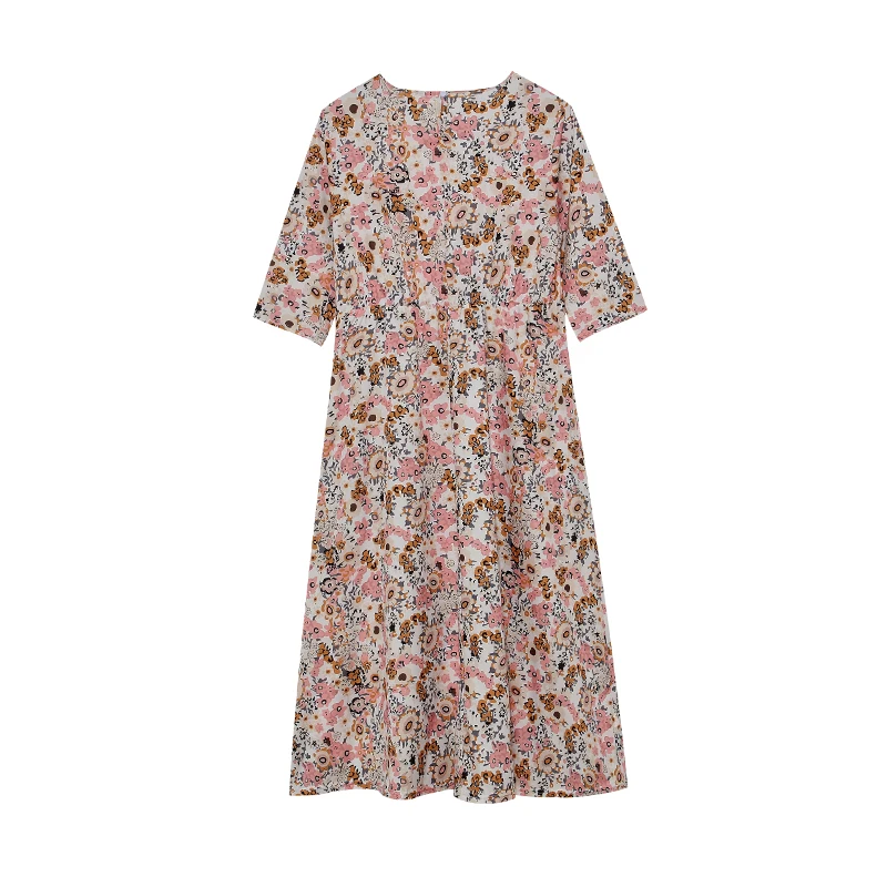 Spring Summer Printed Round Neck Casual Set Loose Long Dress with Pockets Middle Sleeve Cross-Border Women's Fashion
