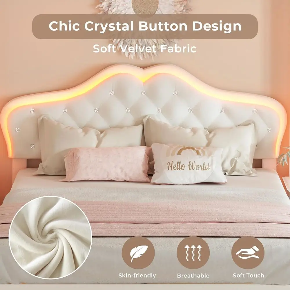 Queen Size Upholstered Bed Frame with LED Lighting, Crystal Button Headboard, Girls' Princess Platform Bed, Solid Wood Slat Supp