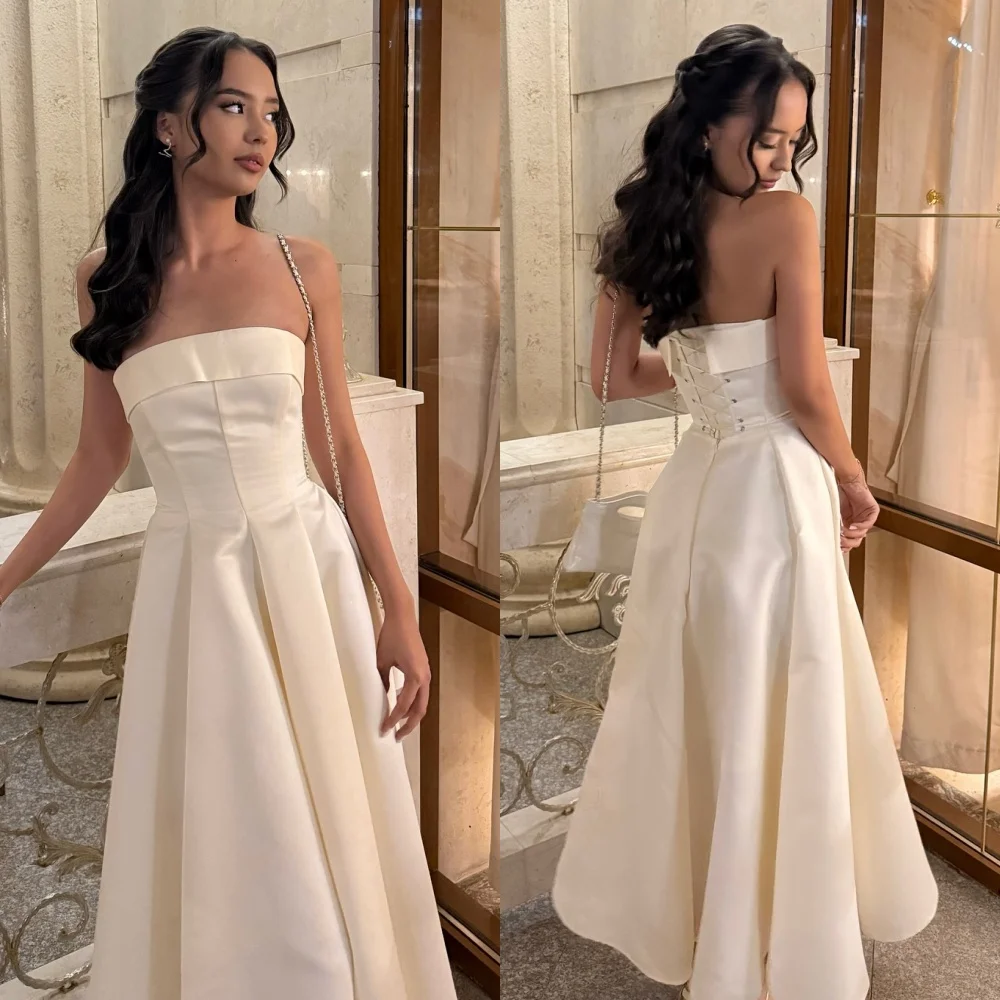Customized Elegant Simple Charmeuse Ruched A-line Strapless Ankle Length Dresses Bespoke Occasion Dresses Modern Style Matching
