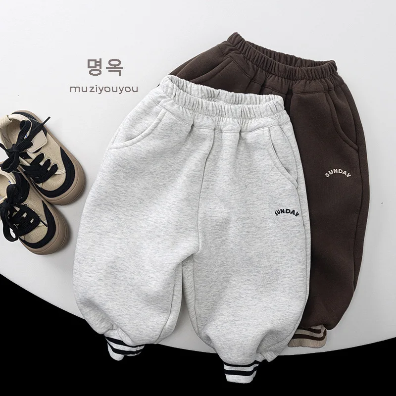 

Autumn Winter Children Pants 1-8Y Boys Thick Warm Fleece Letter Patchwork Sweatpants Jogger Trousers Toddler Wear Kids Clothing