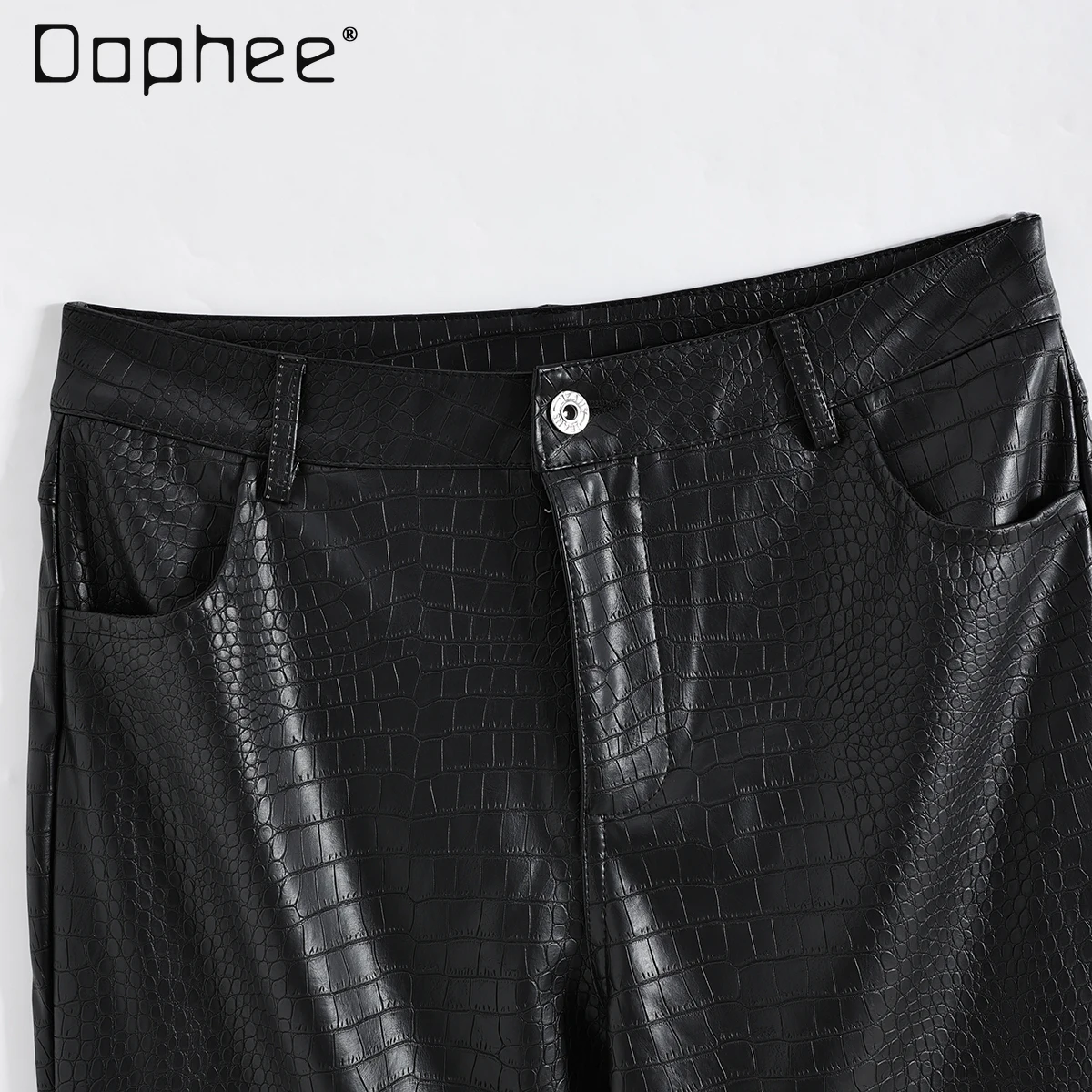 American Hot Girl Street Punk hoge taille afslankschaalpatroon leren broek dames unieke trendy zwart lederen uitlopende broek