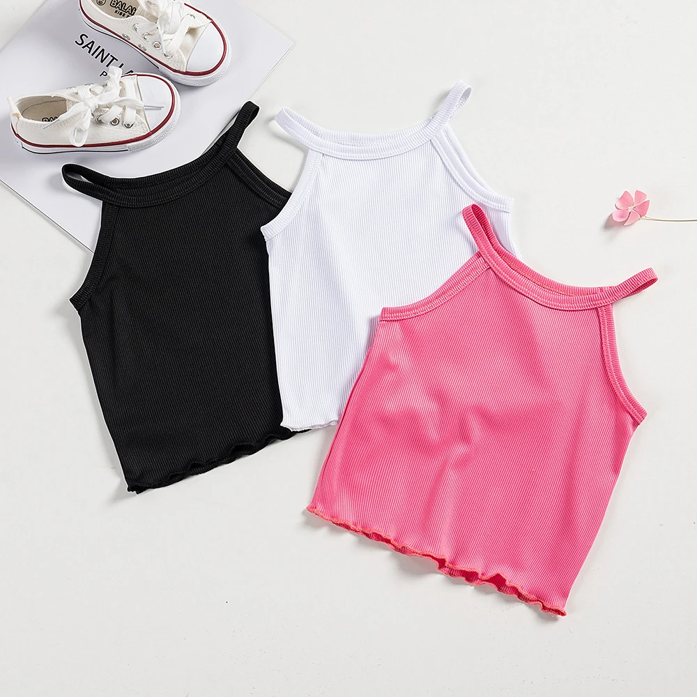 3pcs Summer Girls Vest Casual Children\'s Clothing Solid Colour Three Pieces Suit Sweet Fashion Suspenders Breathable