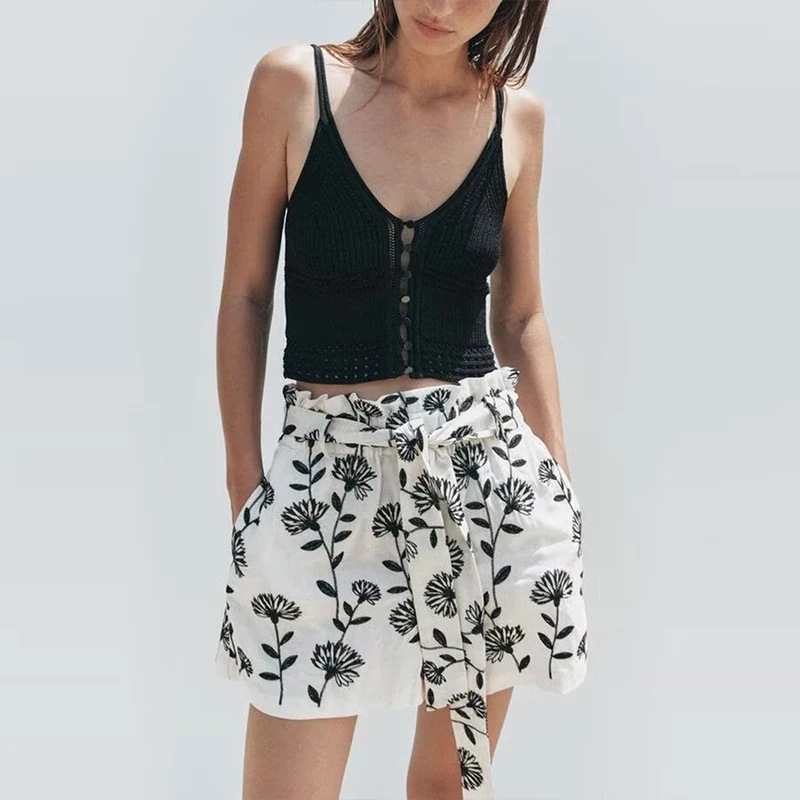 Ele bestickte Papiertüte, Taille, lässig, Orts, Damen, Faion, Sommer 2022, hohe Taille, gerades Bein, Polyesterfaser