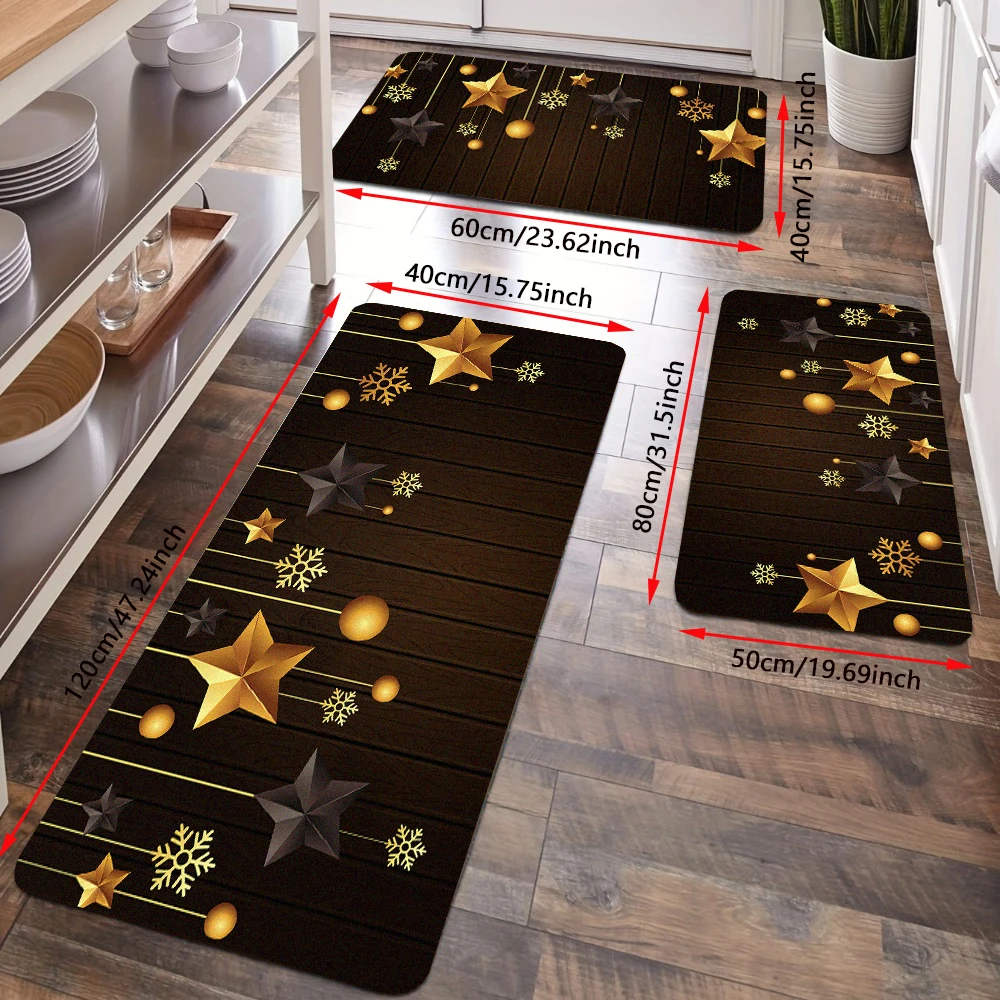 Gold Christmas Stars Ball Kitchen Rug Set Vintage Wooden Board Xmas Decor Entrance Floor Doormat Soft Bath Mat Bathroom Carpet