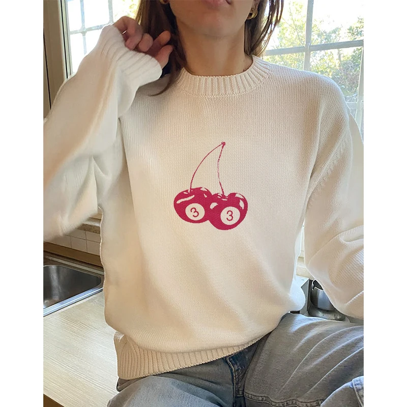 2024 New Cherry Print Soft Knitted Pullover Women Casual O-neck Long Sleeve Loose Sweater Autumn Warm Lady High Street Knitwear