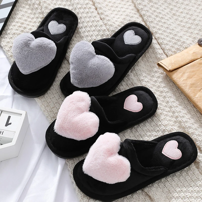 Niedliche Herz-Design Damen-Hausschuhe, Warme Winter-Komfort-Pantoffeln aus Kunstfell, Rutschfeste Indoor-Schlafzimmerschuhe, Plüsch-Baumwoll-Hausschuhe für Frauen – Detail 4
