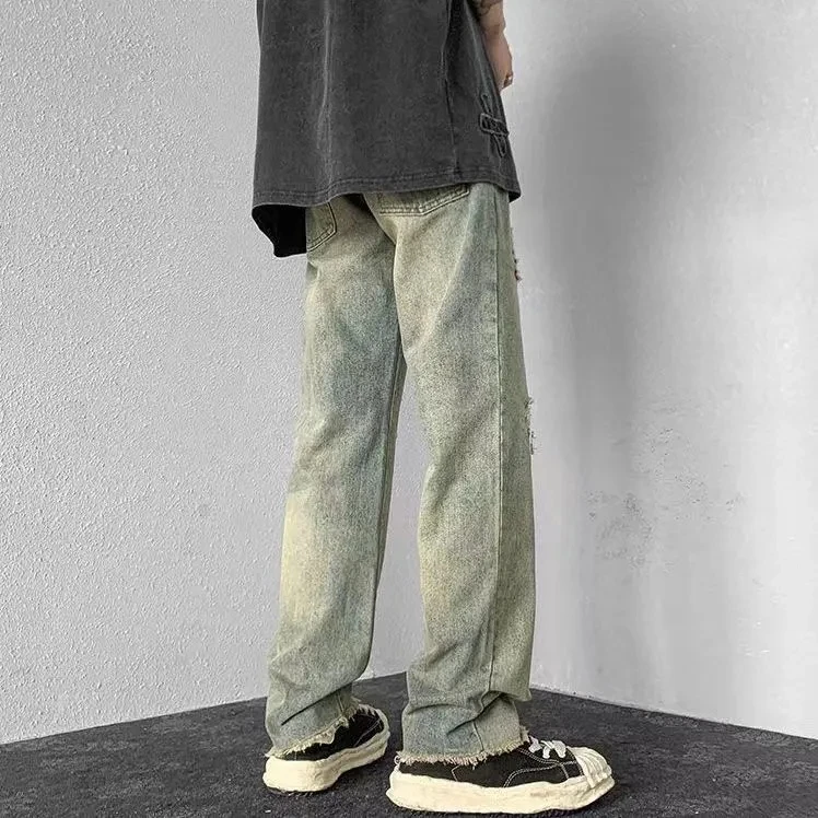 Hip-hop Wide-leg Pants Summer High Street Ripped Jeans Men And Women Thin Loose Casual Fashion Straight Old Craft Pants