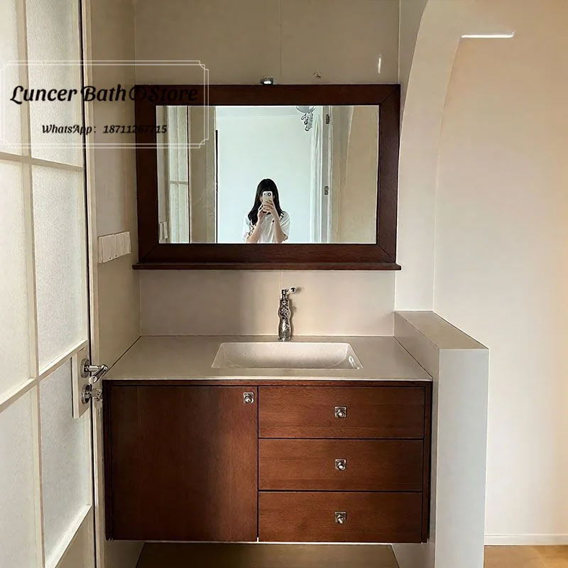 Vintage walnut finish ceramic integrated basin bathroom vanity set