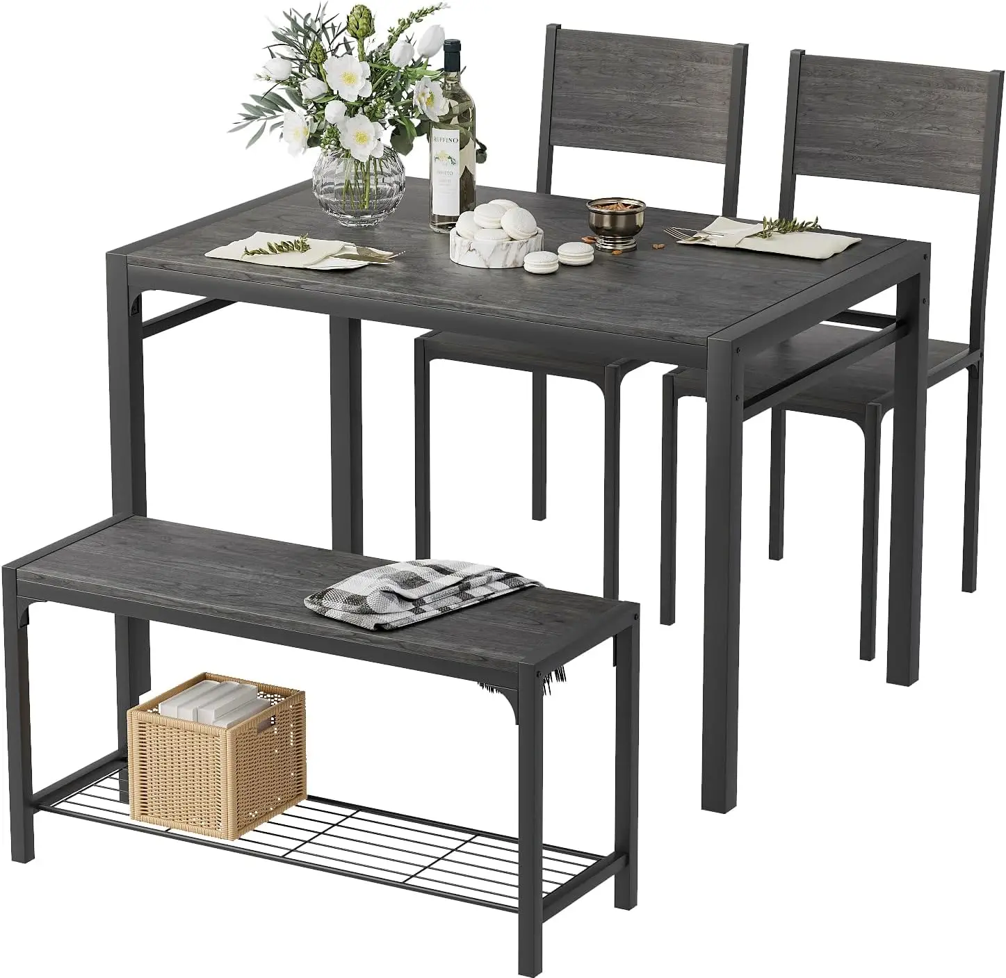 Kitchen Table and 2 Chairs for 4 with Bench, 4 Piece Dining Sets for Small Space, Dark Grey