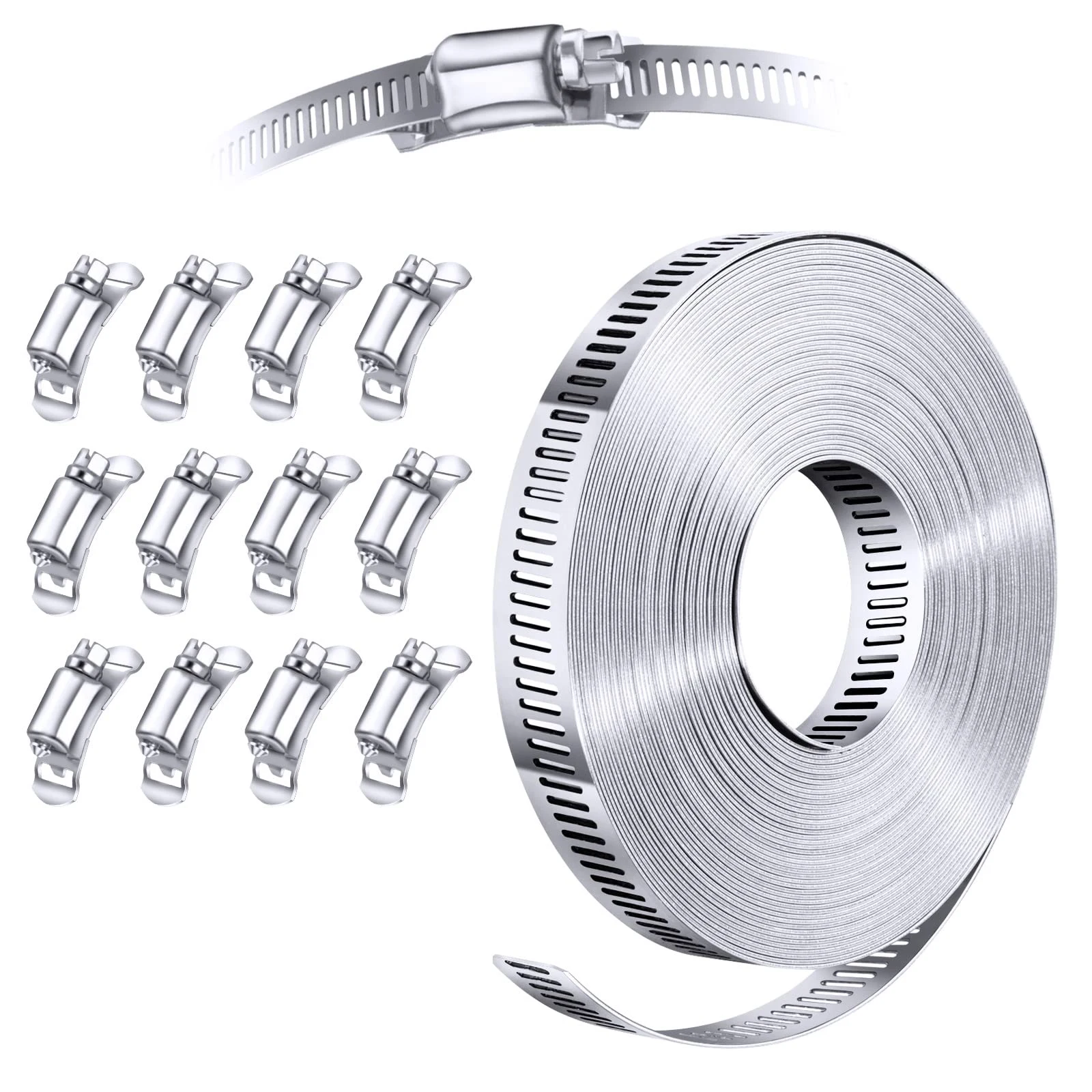 304 Stainless Steel Hose Clamp Strap with Fasteners Worm Clamp Adjustable Worm Gear DIY Pipe Ducting Hose Clamp 9.8-34.4 Feet