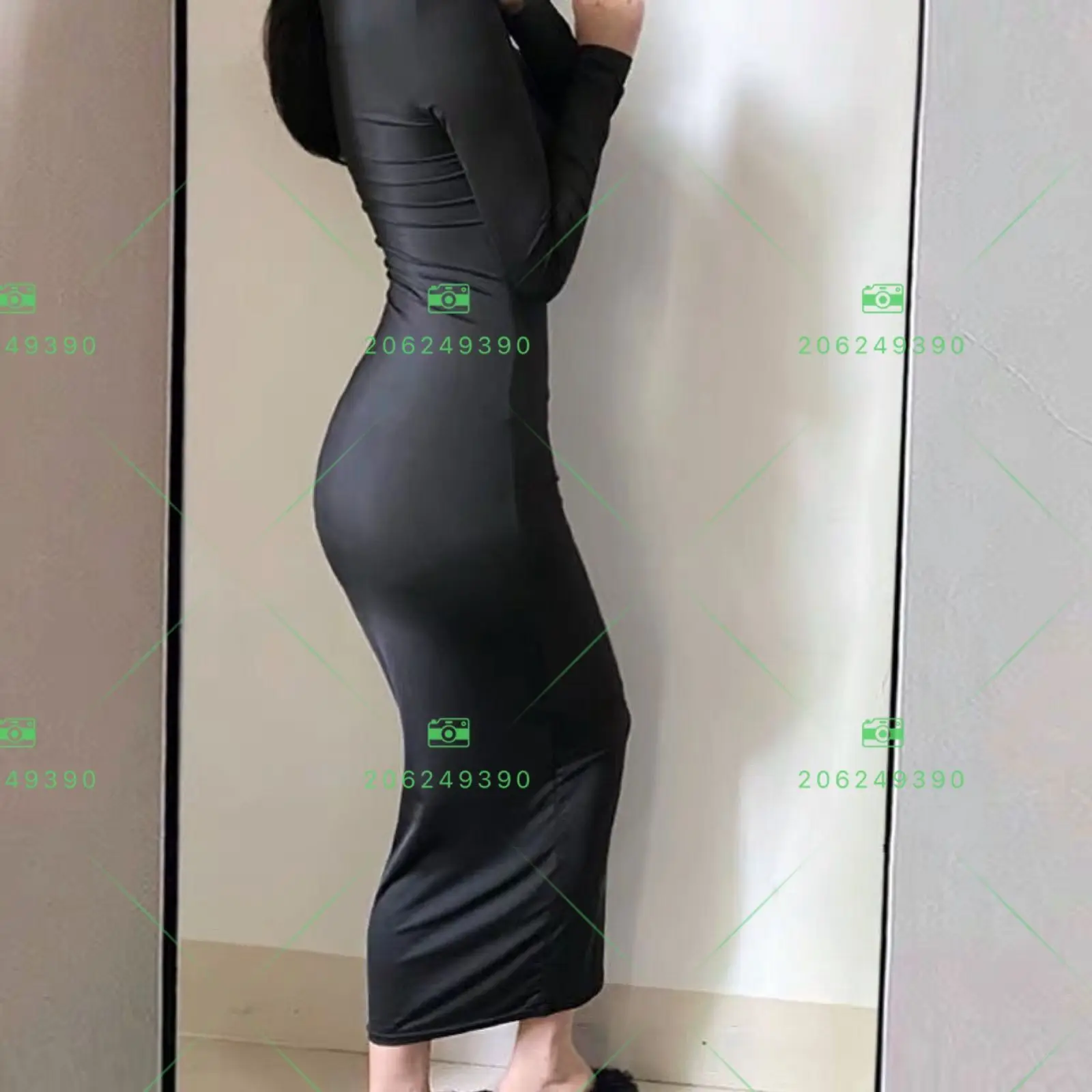 Glanzende ijszijde dames satijnen bodycon-jurk met lange mouwen maxi-jurk plus size slaappyjama gewaad