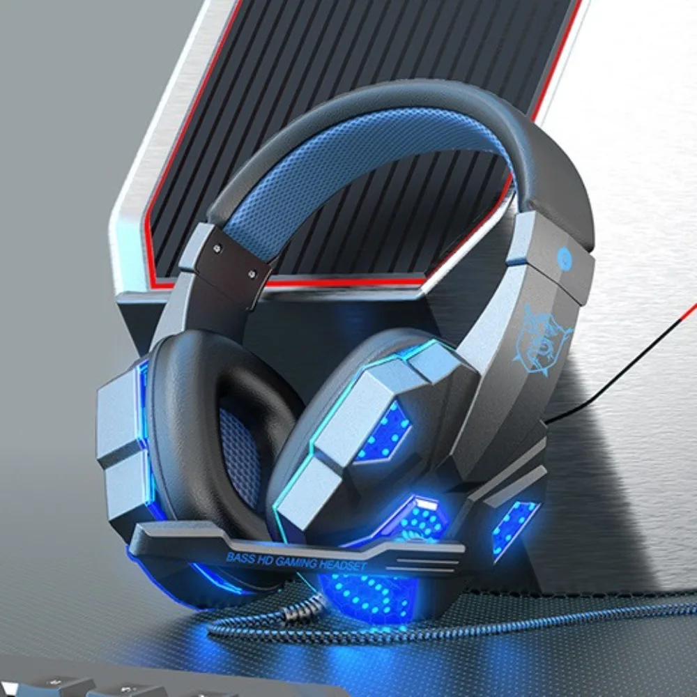 Headphone Berkabel Komputer Bercahaya dengan Mikrofon Earphone Gaming Berkabel Dapat Disesuaikan Subwoofer Penutup Telinga Besar