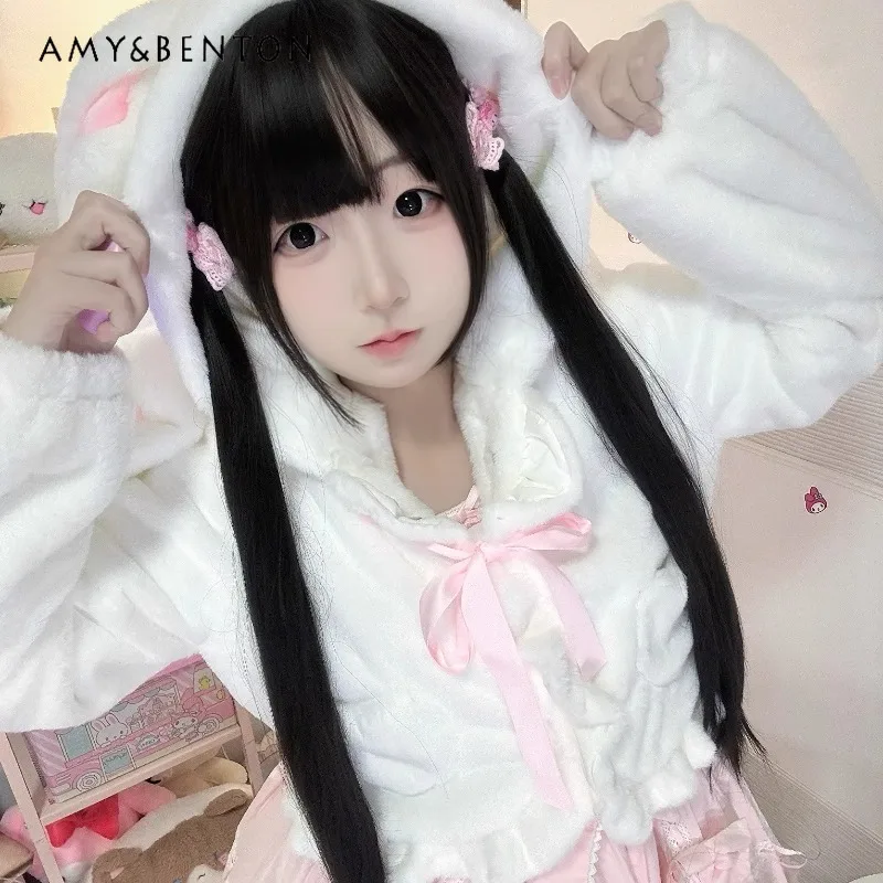Original Cute Bunny Ear Hooded Plush Jackets for Women Winter New Lolita Jackets Sweet Girl Bowknot Ruffle Soft Short Jacket