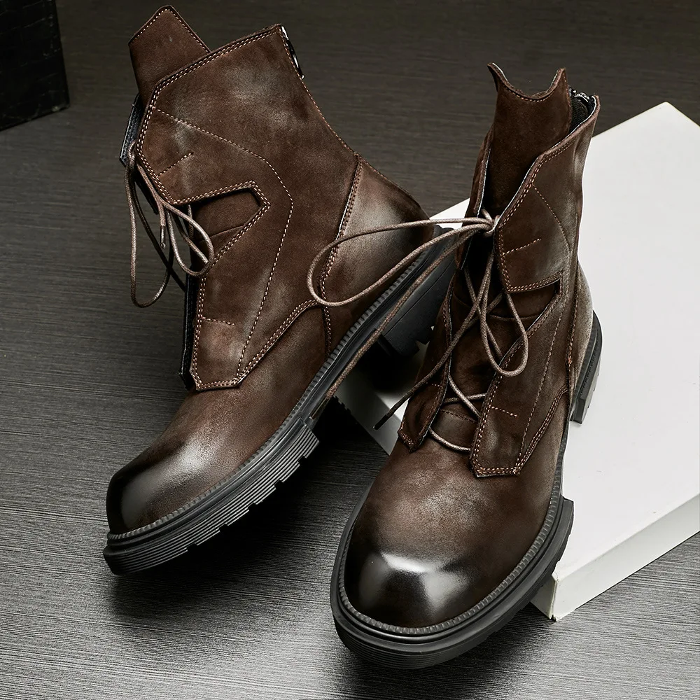 Men's Fleece Lined Winter Boots, High Top Genuine Leather Combat Boots Chunky Sole Retro All-Match Ankle Boots for Cold Weather
