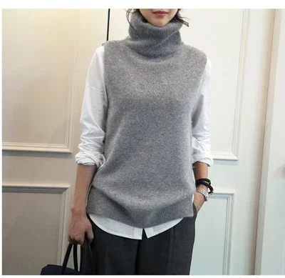 Women\'s Knitted  Cashmere Wool Turtleneck Vest Side Slit Winter Female Wool Sweater Sleeveless Waistcoat New Vogue