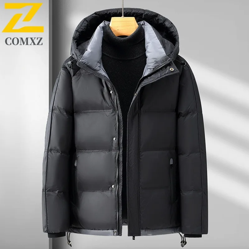 COMXZ Men Down Jacket Classic Hood Commuting Office Windproof Warm Parka Solid Color Hiking Travel Lightweight Winter Down Coat