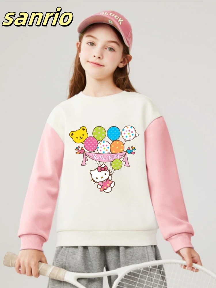

Sanrio, осенняя хлопковая одежда для маленьких девочек, детские толстовки с принтом «Hello Kitty», детские лоскутные футболки с длинными рукавами для девочек, топ