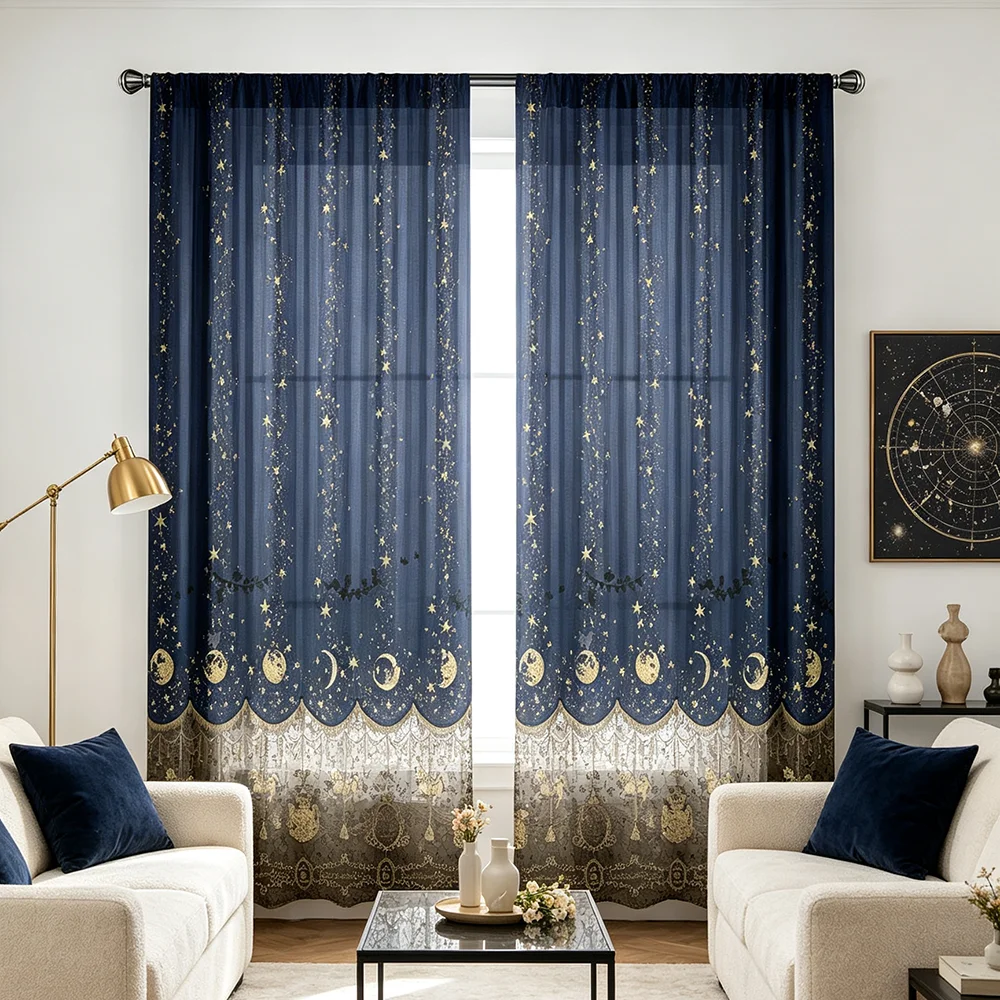 2PCS Digital Print Sheer Curtains Dark Blue Moon Star Lace Pattern A&B Sheer Fabric Living Room Window Curtains - view 2